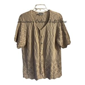 Retro by Renaissance Women's Crochet Sweater Tan XL Short Sleeve